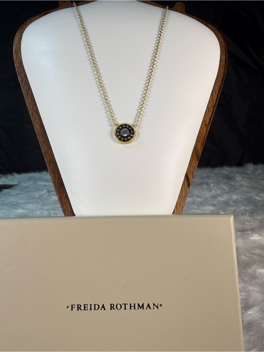 Freida Rothman Nautical Button Gold Necklace with Black Round Pavé Pendant